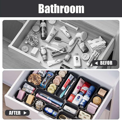 Homhut Plastic Drawer Organizers, 28 PCS Drawer Organizer Bins, Bathroom and Vanity Organizer Plastic Tray, Makeup organizer and storage for Makeup, Bedroom, Kitchen Gadgets Utensils and Office