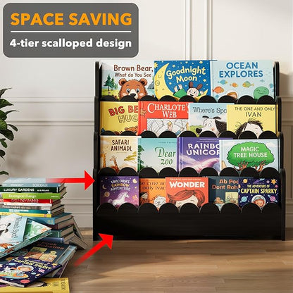 SpaceAid 4-Tier Scalloped Bookshelf, Montessori Bookcase for Toddlers, Wooden Book Shelf Organizer Display Furniture for Kids Rooms, Playroom, Nursery and Classroom, 29.6“ Wide, Black