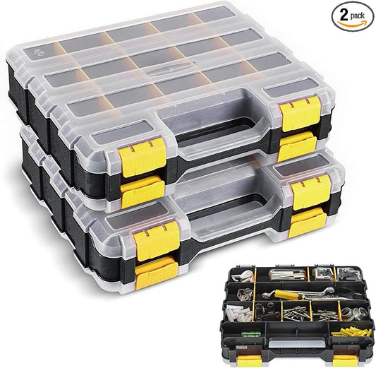 NATGAI 2 Pack Small Parts Organizers, 34-Compartments Double-Sided Tool Box with Removable Dividers for Hardware, Screws, Bolts, Nails & Fishing Accessories, Durable Plastic Storage Case (Yellow)