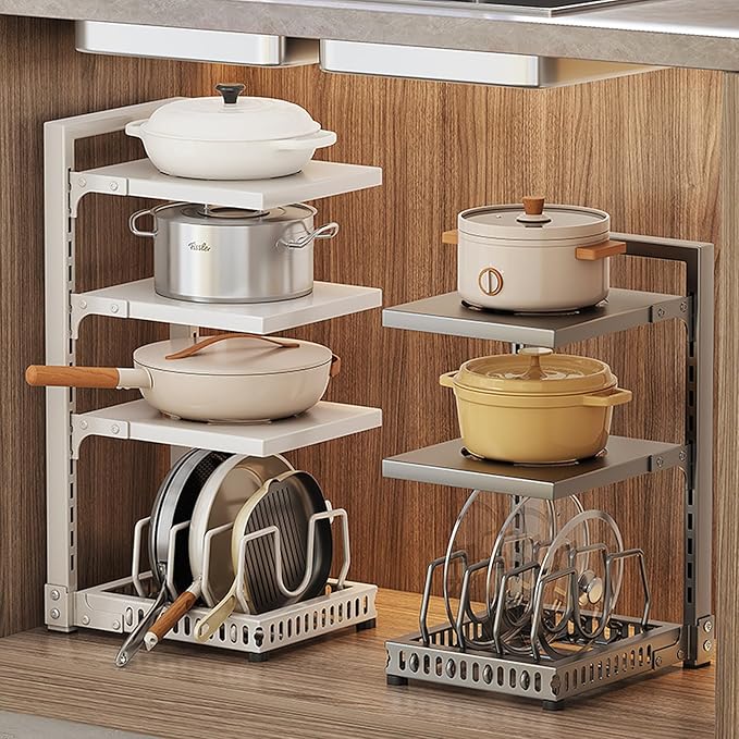 Dxcaicc Adjustable Pot Organizer Rack for Under Cabinet, Heavy Duty Storage Holder for Pots, Pans, and Lids, Space-Saving Kitchen Shelf Organizer,White,Fourth Layer