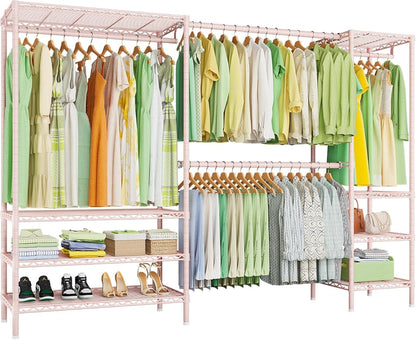 Ulif E11 Heavy-Duty Garment Rack, Metal Freestanding Clothes Rack and Closet Storage Organizer System with 8 Shelves and 4 Hanger Rods, (73.2-97.6)" W x 14.5" D x 71.2" H, Load 1034 LBS, Pink