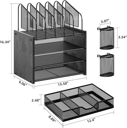Marbrasse Desk organizer with Drawer, 4-Tier Wooden File Organizer with 5 Vertical File Holders and 2 Pen Holders, Desk Organizers and Accessories for Home Office - Black