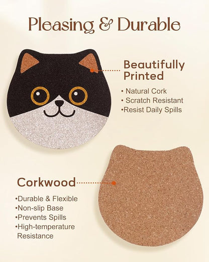 Oqplog Cat Drink Coasters for Desk Coffee Table Set of 6-Funny Cork Cup Holder Coaster for Office Home Outdoor Cute Decor Gifts for Women Family
