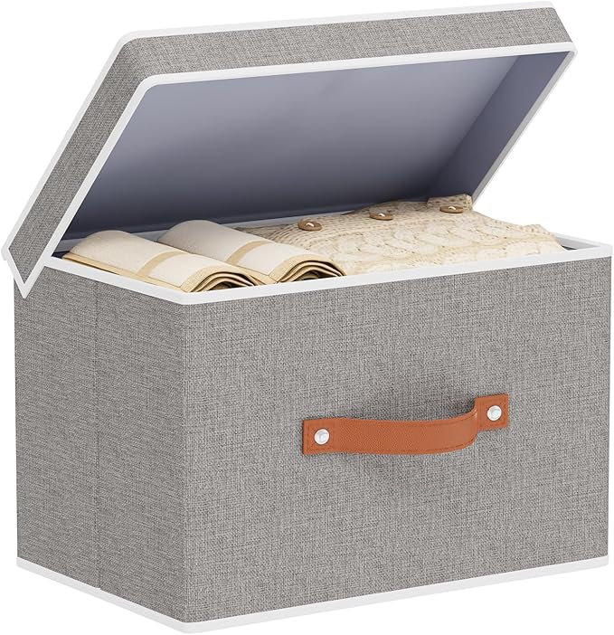 Collapsible Storage Bin with Lid, Linen Collapsible Box, 15 x 9.8 x 9.8 Inch Storage Basket with Double Handles for Laundry Bathroom, Grey, 1-Pack