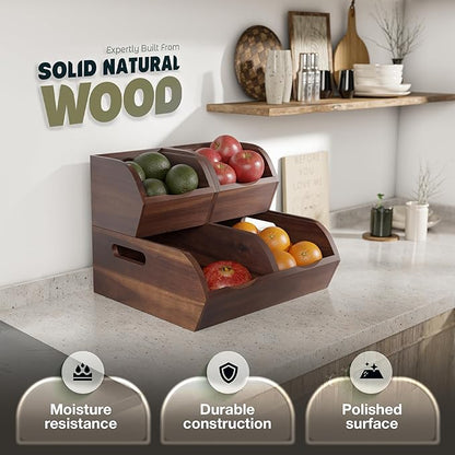 Acacia Wood Pantry Storage Bins - Stackable Open Front Kitchen Baskets with Airflow Vent for Potato, Onion, Fruit, Vegetable, and Bread Storage, Wood Organizer for Pantry and Countertop