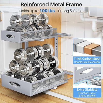 Under Sink Organizer, 2 Tier Pull Out Under Cabinet Organizer Shelf with Pad for Framed Cabinets, Metal Slide Out Under Sink Storage, Mesh Sliding Drawers for Kitchen Bathroom Laundry(Grey, 1 Pack)