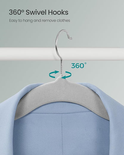 SONGMICS Velvet Hangers 100 Pack, Non-Slip Clothes Hangers with Silver-Colored Swivel Hooks, Slim Space-Saving for Closet, Heavy-Duty, Dove Gray UCRF026GD03S