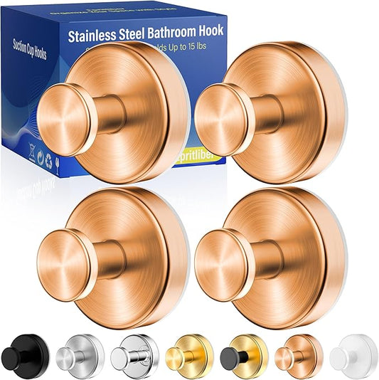 Epritliber Suction Cup Hooks for Shower,Wreath Hanger for Front Door,Removable No Drill Towel Loofah Hooks,Upgraded 15 lbs Strong Suction for Bathroom,Wall,Glass,Stainless Waterproof-Rose Gold 4 Pcs