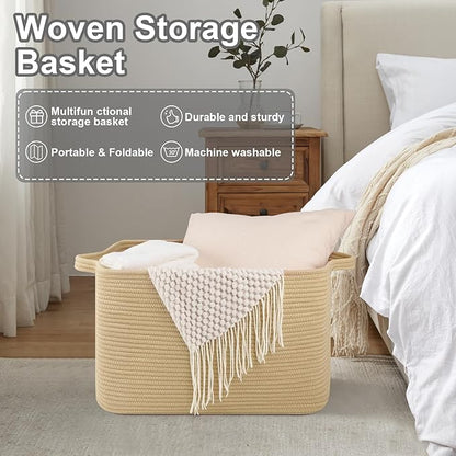 Large Blanket Basket, Jute Blanket Storage Living Room, Rectangle Woven Baskets for Storage Toys, Towels, Dirty Clothes Organizer Bins (Jute)