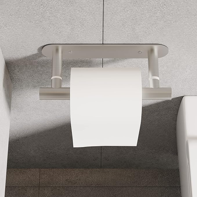 RUACQ Toilet Paper Holder, Self-Adhesive or Wall Mount, SUS304 Stainless Steel Rustproof Stick on Toilet Paper Roll Holder, No Drilling Bathroom Tissue Holder, Modern Pivoting Design (Brushed Nickel)