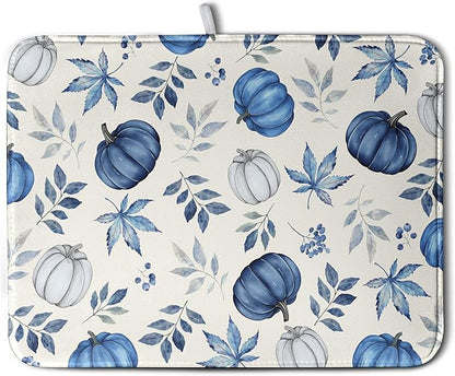Wnoesat Fall Dish Drying Mat Blue Pumpkin Maple Leaves Drying Mats for Kitchen Counter 18x24 Inch Autumn Thanksgiving Absorbent Microfiber Dish Draining Mat Dishes Pad with Hanging Loop