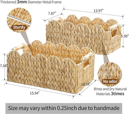 Scalloped Edge Wicker Basket,Hand-Woven Rattan Baskets with Wooden Handles,Natural Water Hyacinth Basket for Laundry,Shelves,Rectangular Set of 2