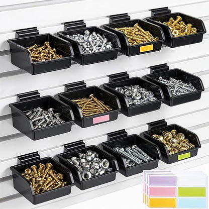 12 Pack Slatwall Bins with Hooks and Labels, Plastic Slatwall Accessories Boxes for Slat Wall Panels, Slat Wall Storage Bin Containers Organizers for Hardware, Garage, Craft Room, Tool Shed