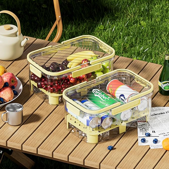 JINGYAN 1-Piece Yellow Plastic Food Storage Container | Refrigerator Storage Container | Stackable, Detachable Drain Rack Handheld, Snap Cap Transparent Fruit and Vegetable Container