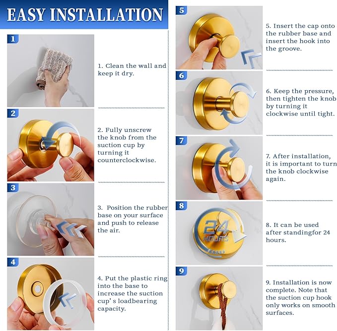 warlve Suction Cup Hooks No Drill Stainless Steel Shower Hooks Towel Hook Heavy Duty on Smooth and Non-Porous Surfaces in Bathrooms Kitchen Bedroom (2, Brushed Gold)