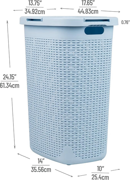 Mind Reader Slim Laundry Hamper with Lid, 60L Clothes Basket, Premium Wicker Design, Plastic, Baby Blue