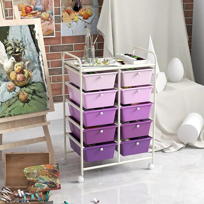 GOFLAME 10-Drawer Rolling Storage Cart, Art Craft Storage Organizer on Wheels, Multipurpose Movable Utility Cart for School, Office and Home, Purple Gradient