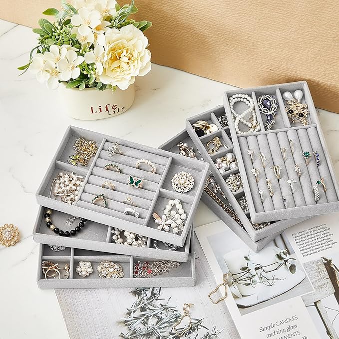 Junkin 18 Pcs Velvet Jewelry Tray Stackable Jewelry Drawer Organizer Jewellery Box Divided Display Tray for Earring Bangle(Gray)