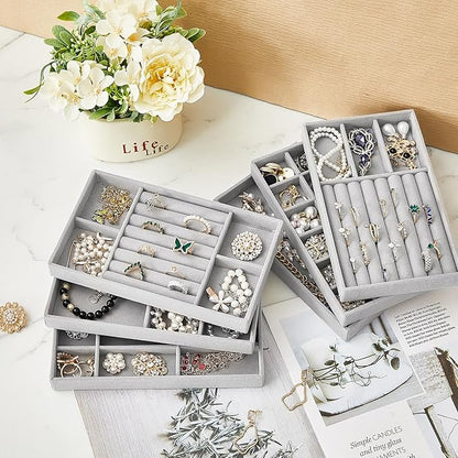 Junkin 18 Pcs Velvet Jewelry Tray Stackable Jewelry Drawer Organizer Jewellery Box Divided Display Tray for Earring Bangle(Gray)