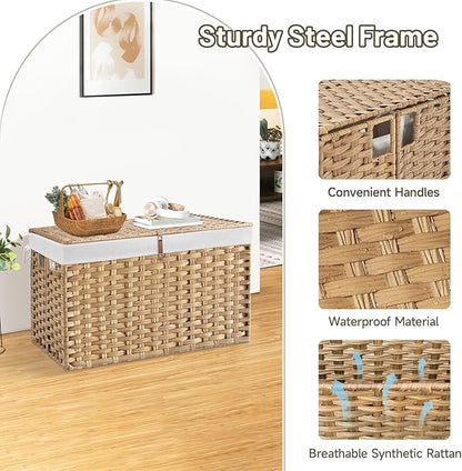 180L Wicker Storage Basket with Lid, Handwoven Rattan Large Shelf Basket with Removable Liner, 47.6 Gallon Wicker Basket for Blanket, Storage Trunk with Handle for Closet, Bedroom, Livingroom, Natural