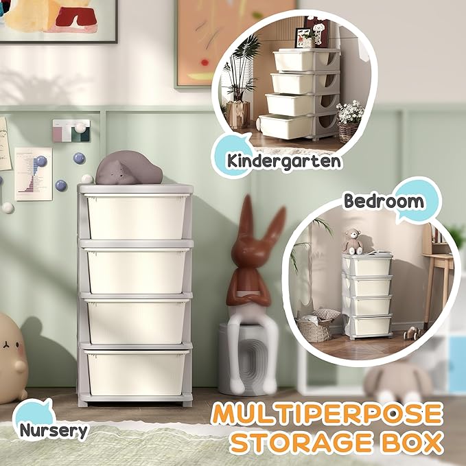 Qaba 4 Tier Kids Storage Unit, Toy Organizers and Storage with 4 Drawer Chest for Kids Bedroom Nursery Kindergarten Living Room for Boys Girls Toddlers, Cream White