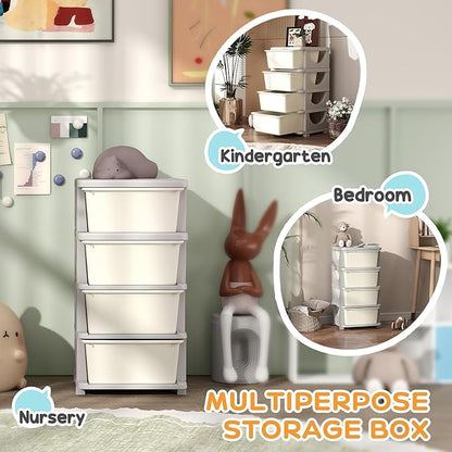 Qaba 4 Tier Kids Storage Unit, Toy Organizers and Storage with 4 Drawer Chest for Kids Bedroom Nursery Kindergarten Living Room for Boys Girls Toddlers, Cream White