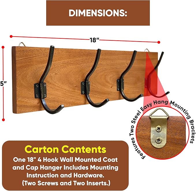 Coat Rack, Handmade, 4 Hanger Hook, Mahogany Hardwood, Durable Rustic Wall Mount, Versatile Hanger for Entryway, Bedroom, Bathroom, Farmhouse Boho Decor, 18" Natural Finish