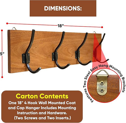 Coat Rack, Handmade, 4 Hanger Hook, Mahogany Hardwood, Durable Rustic Wall Mount, Versatile Hanger for Entryway, Bedroom, Bathroom, Farmhouse Boho Decor, 18" Natural Finish