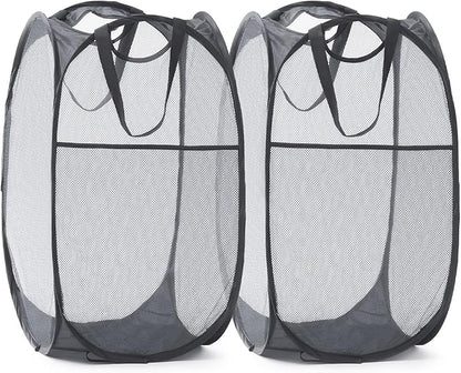 TECHMILLY Collapsible Mesh Pop Up Laundry Hamper with Sturdy Handles and Side Pocket - Portable Foldable Clothes Baskets for Dorm, Bathroom & Travel Storage (Grey, 2 Packs)