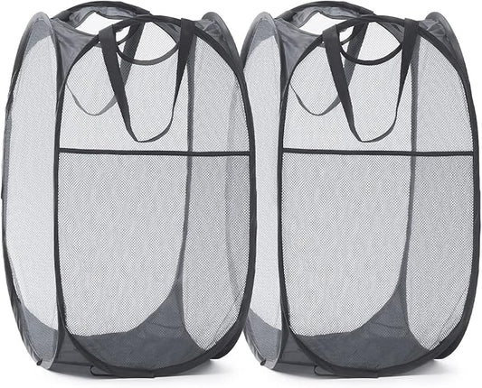 TECHMILLY Collapsible Mesh Pop Up Laundry Hamper with Sturdy Handles and Side Pocket - Portable Foldable Clothes Baskets for Dorm, Bathroom & Travel Storage (Grey, 2 Packs)