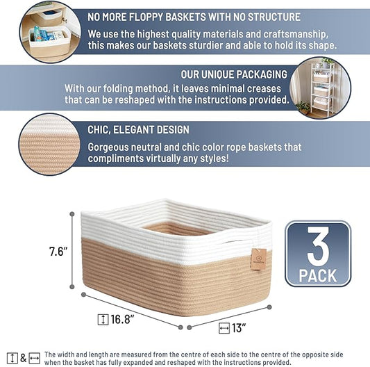 NaturalCozy Storage Baskets 16.8”x13”x7.6” Cotton Rope Woven Baskets for Organizing 3-Pack | Toy Storage Bins | Basket for Shelves, Laundry, Blanket, Clothes, Closet, Kitchen, Bathroom, Gifts