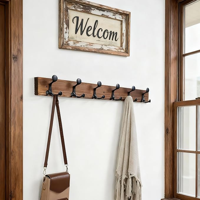 SKOLOO 36-Inch Wood Coat Rack Wall Mount with 6 Triple Hooks - Ideal for Family Entrances, Classrooms, and Pet Supplies Storage - Perfect Coat Hooks for Wall,Charred Golden Brown, Pack of 2