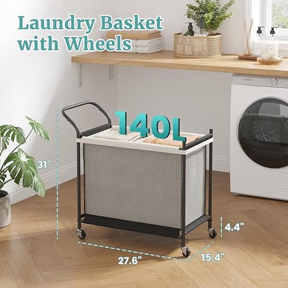 Laundry Hamper with Wheels - 2 Section Laundry Basket 140L, Removable Washable Bags, Height-Fitted Rolling Laundry Cart for Laundry Room & Bedroom