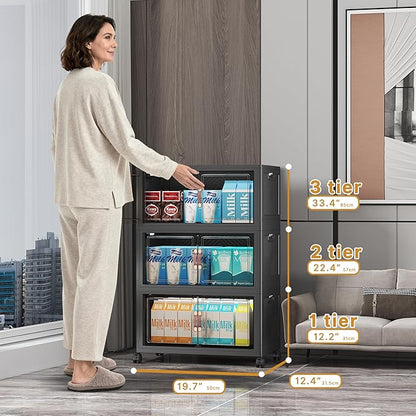 Extra Large Stackable Storage Bins with Lids & Wheels & Door,Foldable Collapsible Closet Organizers, Plastic containers drawers for bedroom Dorm (Dark-55qt, 3Pack with 1 top lid)