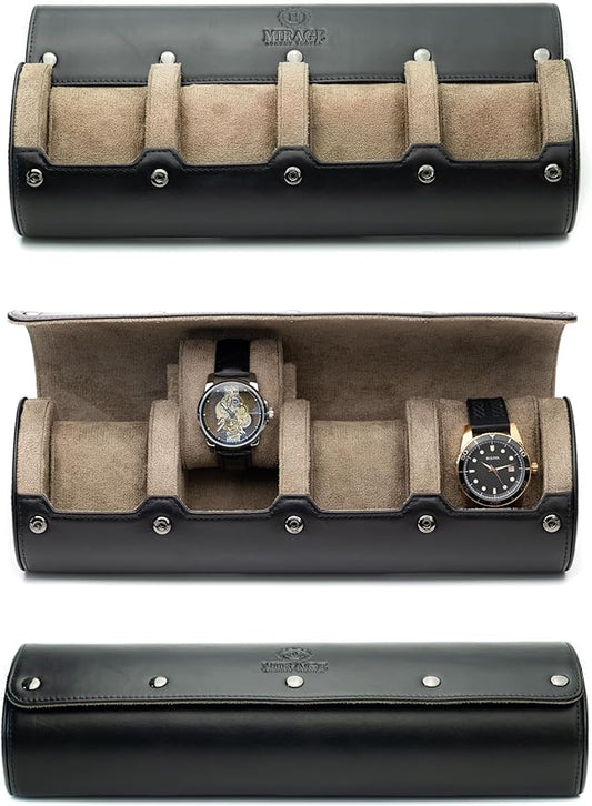 4 Watch Travel Case for Men Watch Roll Leather Watch Case Travel Sable Black Full Grain Cow Leather Mirage Heritage Collection