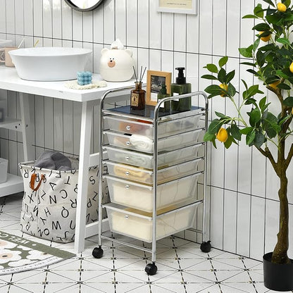 Happygrill 6-Drawer Organizer Cart Tools, Mobile Utility Storage Cart with Removable Drawers & Lockable Wheels, Rolling Storage Cart with Wheels for Home Office,Clear