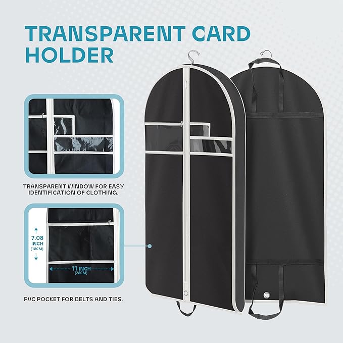 Garment Bags for Travel and Closet Storage with Zipper Pocket, Heavy Duty Waterproof Hanging Suit Bag with Handles for Suits, Coats, Jackets, Shirts, 43 inch