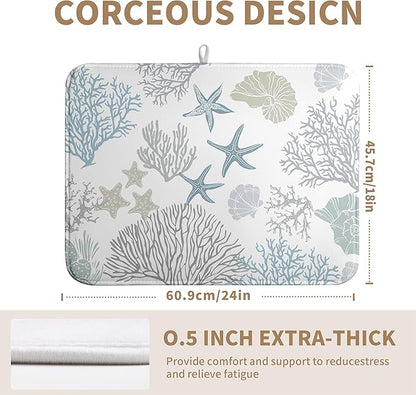 Wnoesat Coastal Dish Drying Mats for Kitchen Counter 18 x 24 Inch Summer Beach Drying Mat Coral Starfish Nautical Dish Rack Mat Ocean Themed Microfiber Absorbent Dish Drying Pad with Hanging Loop