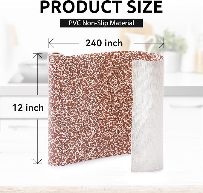 FIFTY FEET 12X240 Inch Shelf Liner with Scissor & Tape Measure for Kitchen Cabinets, PVC Drawer Liner for Dresser Non-Slip Bathroom, Non-Adhesive Cabinet Liner Washable (Brown Crack)