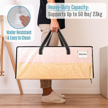 VENO 4 Pack Heavy Duty Moving Bags, Christmas Storage Bins with Lids, Clear Design, Alternative to Moving Boxes, Storage Bags for Clothes, Blankets, Comforters, Pillows, Camping (Clear, 4 Pack)