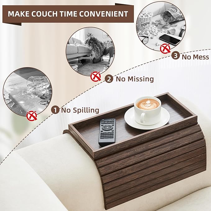 Couch Arm Tray, Anti-Falling Bamboo Sofa Armrest Tray Table, Foldable & Portable Armrest Tray Cup Holder Side Table for Drinks, Coffee, Phone, Snacks, Remote