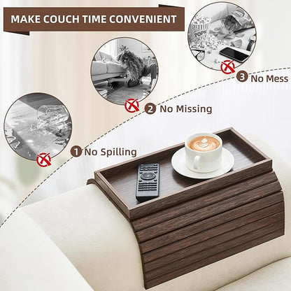 Couch Arm Tray, Anti-Falling Bamboo Sofa Armrest Tray Table, Foldable & Portable Armrest Tray Cup Holder Side Table for Drinks, Coffee, Phone, Snacks, Remote