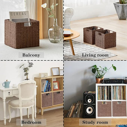 Vagusicc Wicker Storage Basket, Set of 2 Hand-Woven Storage Baskets for Shelves with Handles, Foldable Cube Storage Baskets Bins Organizer, 13 inch Large Wicker Baskets for Pantry Bedroom Decor, Brown