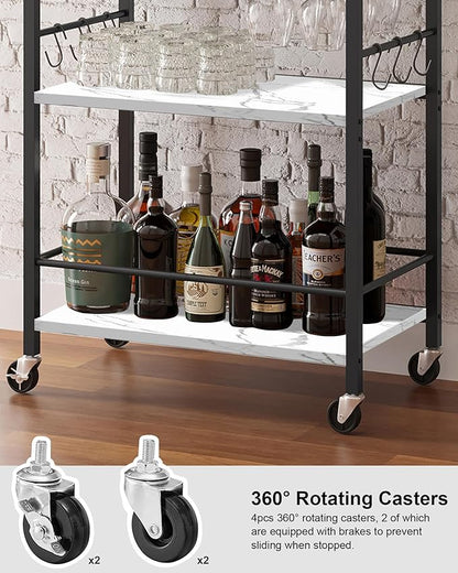 TUTOTAK Bar Cart, Home Bar Serving Cart, Small Wine Cart with 3-Tier Shelf, Beverage cart, Drink Cart with Wine Rack and Glass Holder, Rolling bar carts for Home, Living Room, Marble White BC01BM035