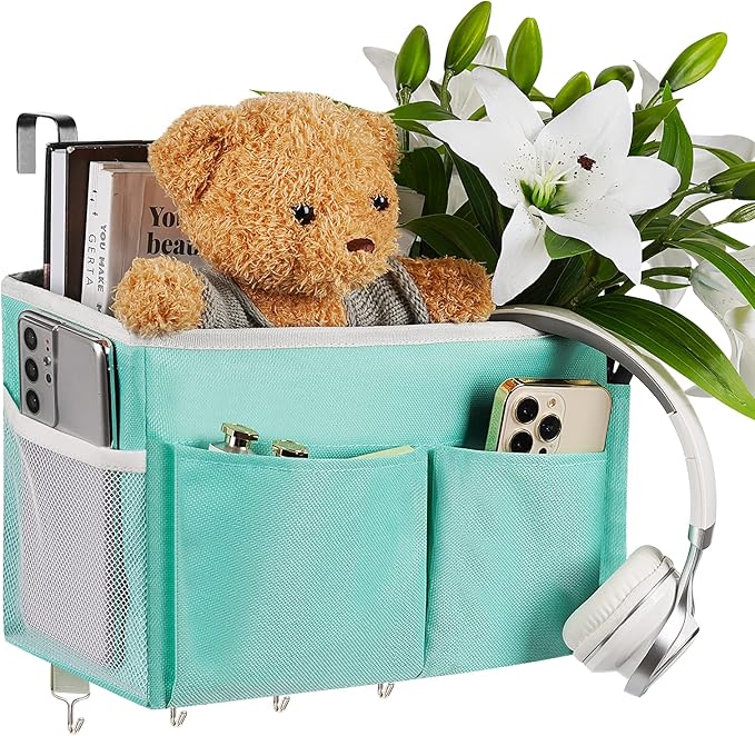 Frjjthchy Bedside Storage Organizer 5 Pockets with 4 Hooks Hanging Storage Bag for Headboards/Bunk Bed (Light Green)