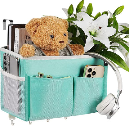 Frjjthchy Bedside Storage Organizer 5 Pockets with 4 Hooks Hanging Storage Bag for Headboards/Bunk Bed (Light Green)