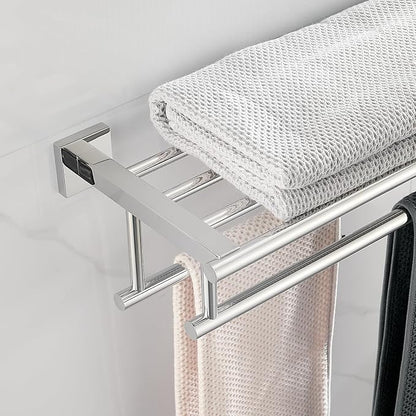 Bathroom Towel Rack with Double Towel Bar 32 Inch Bathroom Hotel Shower Shelf SUS304 Stainless Steel Modern Wall Mounted Holder Polished Chrome
