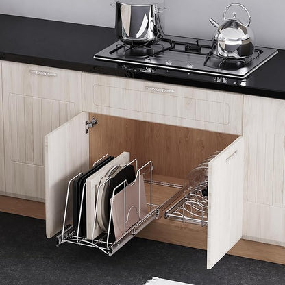 STORKING Pull Out Cookie Sheet Organizer for Cabinet, Pan and Pot, Cutting Board, Bakeware, Tray Organizer Rack, Sliding Rack- Heavy Duty, Adjustable Divider Width, 10" W x 22" D x 11" H, Chrome