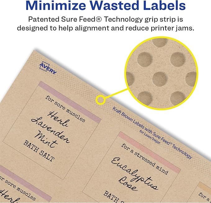 Avery Kraft Brown Square Labels with Sure Feed Technology, 2" x 2", Print to The Edge, Laser/Inkjet Printable Labels, 300 Total (22846)