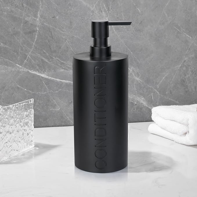 Indecor Home Matte Black Conditioner Dispenser Luxurious Refillable Pump Bottle with Black Resin Pump and Embossed Text, Durable Design for Bathroom and Shower